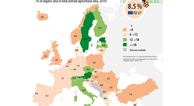 Organic farming area in the EU by country, 2019 map2