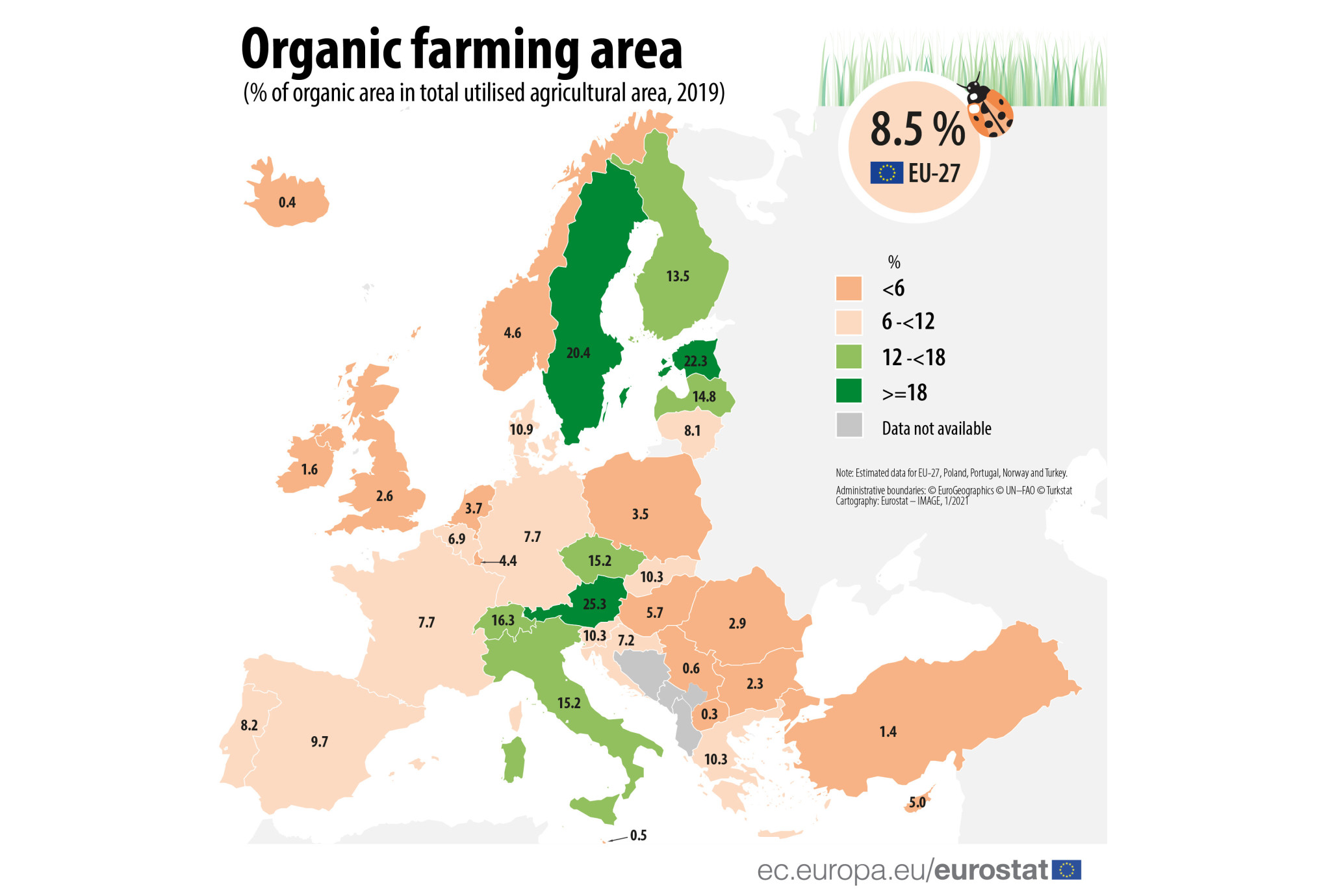Organic farming area in the EU by country, 2019 map2