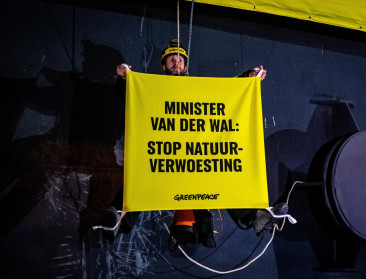 Greenpeace blokkeert sojaschip in zeesluis in Nederlandse havenstad IJmuiden