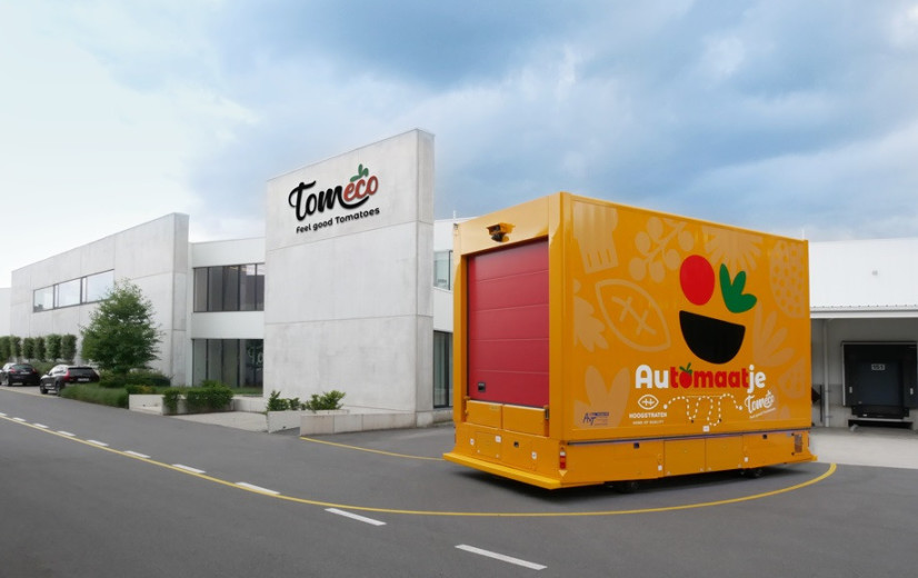 Zelfrijdend voertuig vervoert tomaten van telers naar veiling in Hoogstraten