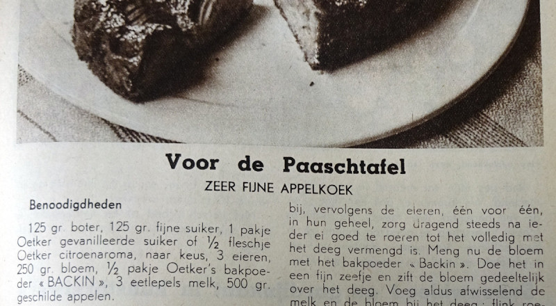 Recept voor appelkoek als dessert bij het paasdiner. De Boerin. Maandschrift voor de landelijke huishoudster, april 1939