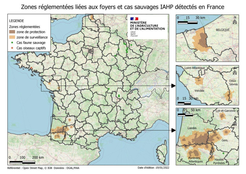 kaart vogelgriep Frankrijk_Frans landbouwministerie